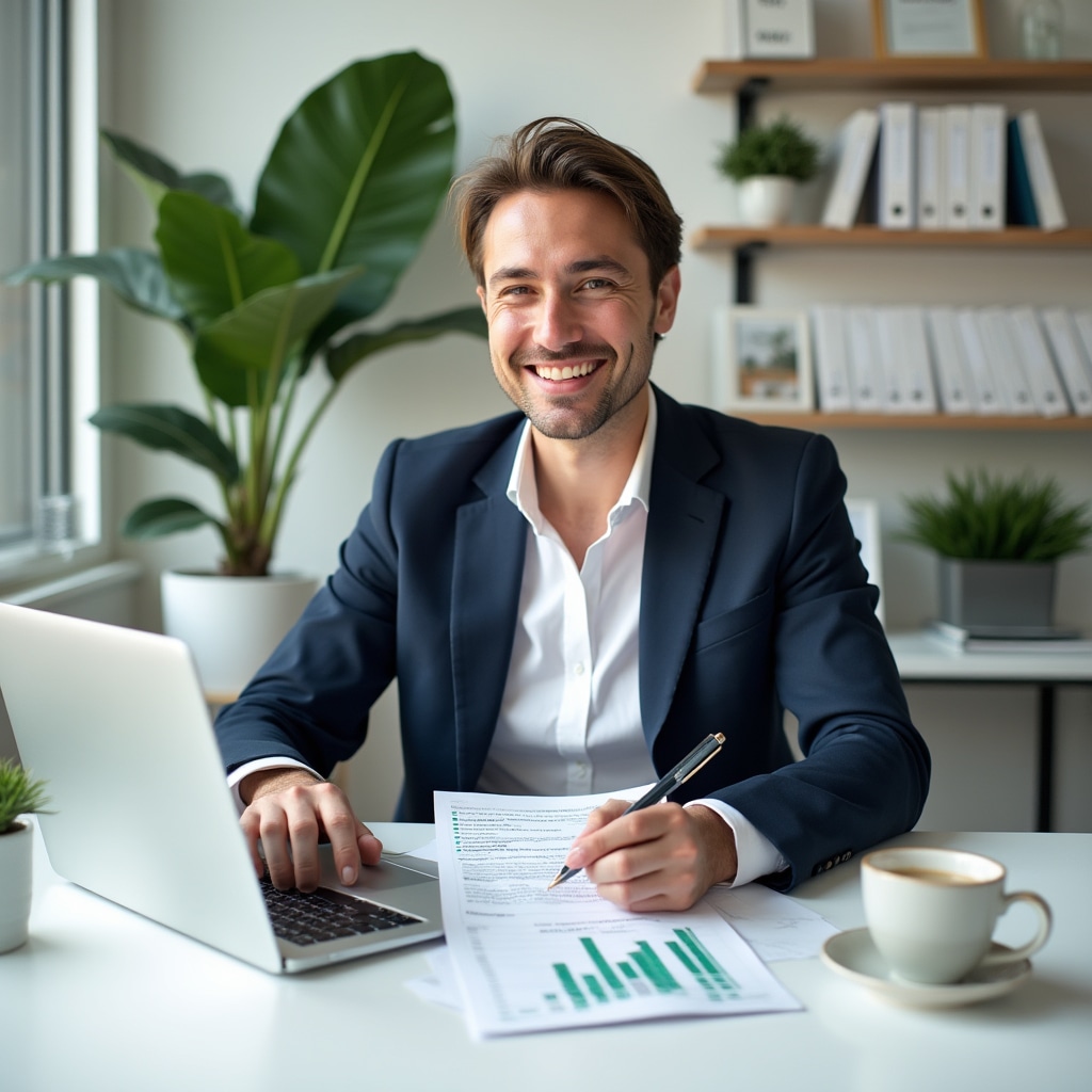 Antreprenor încrezător analizând rapoarte financiare